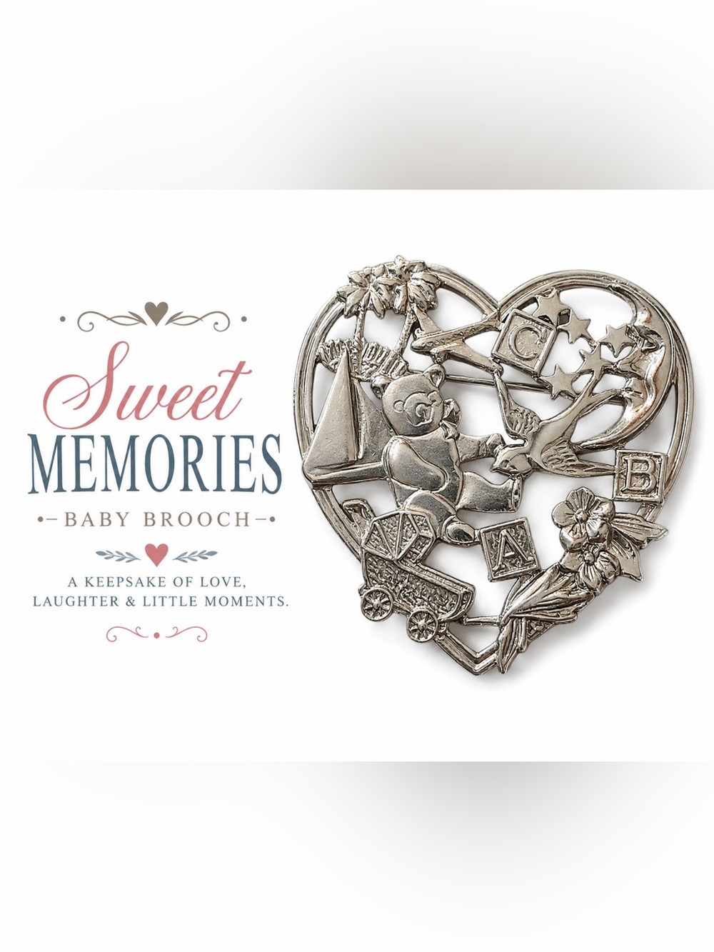 Vintage Sweet Memories Baby Heart Brooch | Teddy Bear Nursery Keepsake Pin